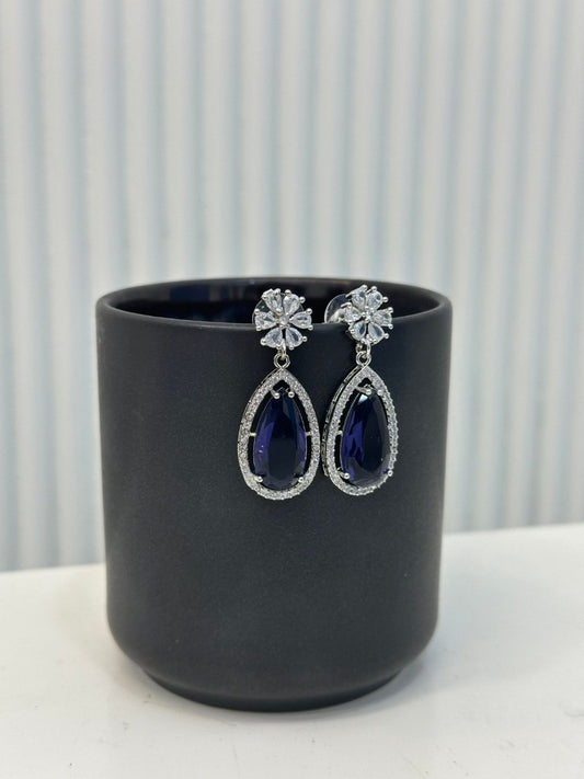 American Diamond Flower Earring in Royal Blue