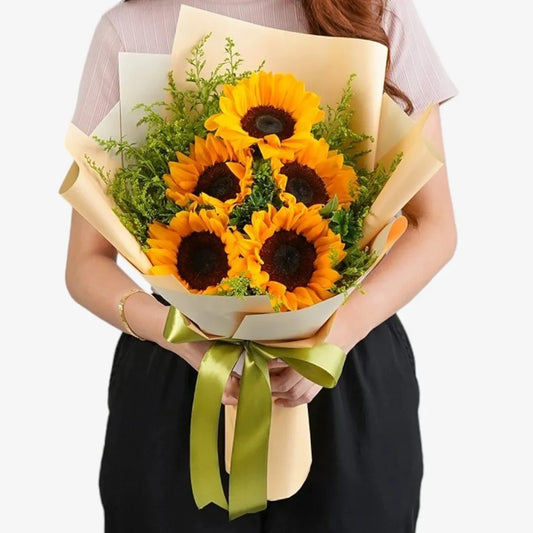 Bright Sunflower Bouquet with Satin Ribbon