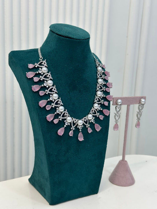 American Diamond Set In Pink With Pearls