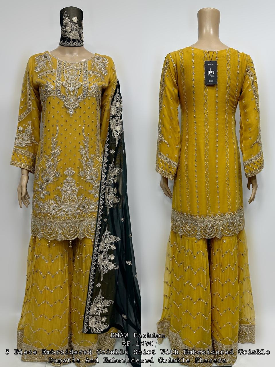 3 Piece Embroidered Crinkle Shirt With Embroidered Crinkle Duppata And Sharara (NEFNLXJK)