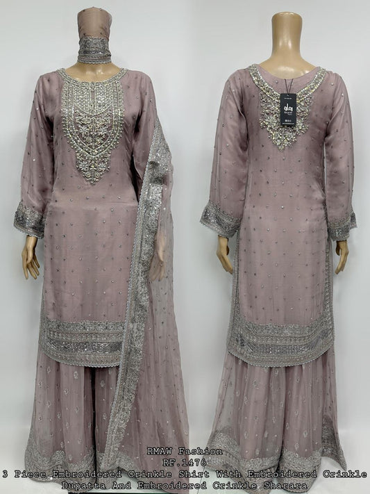 3 Piece Embroidered Crinkle Shirt With Embroidered Crinkle Duppata And Sharara (LBUGB0FK)