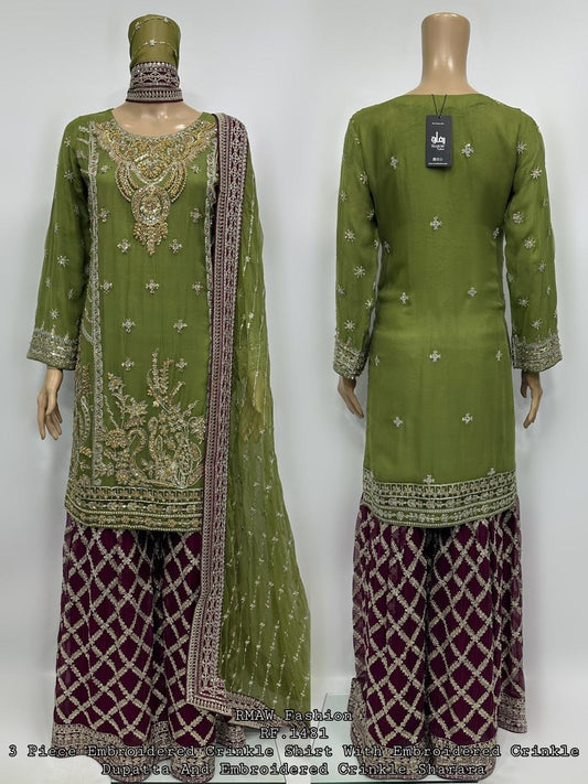 3 Piece Embroidered Crinkle Shirt With Embroidered Crinkle Duppata And Sharara (UBPES423)