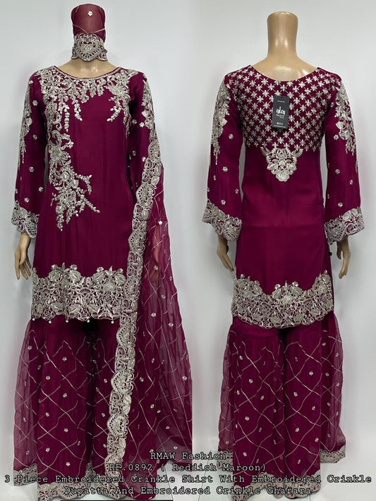 3 Piece Embroidered Crinkle Shirt With Embroidered Crinkle Duppata And Sharara (X3NSNN8F)