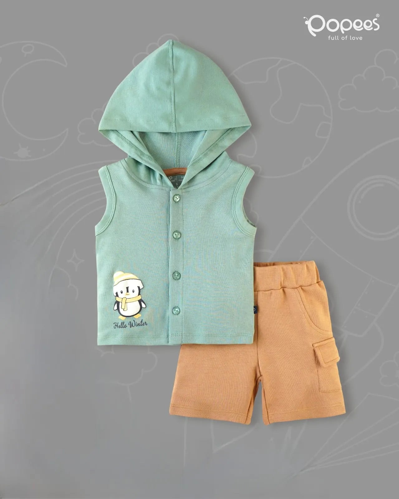 Sleeveless Hooded Top & Shorts Set (Granite Green)