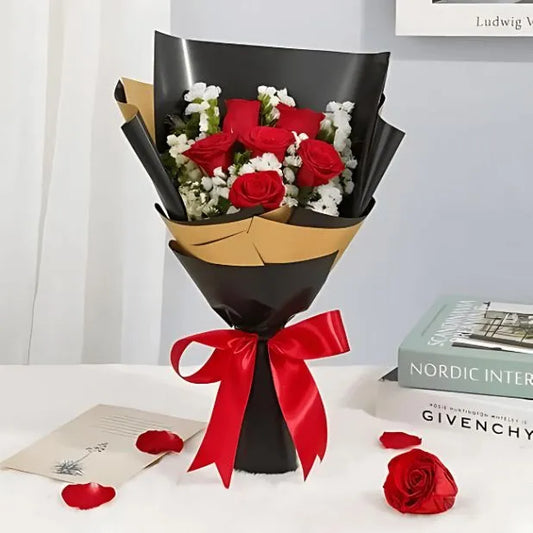 Classic Red Roses Bouquet with Black and Gold Wrapping – Elegant Gift